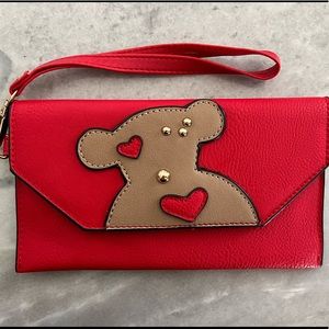 Abstract Bear in Love Red Faux Leather Wallet Clutch